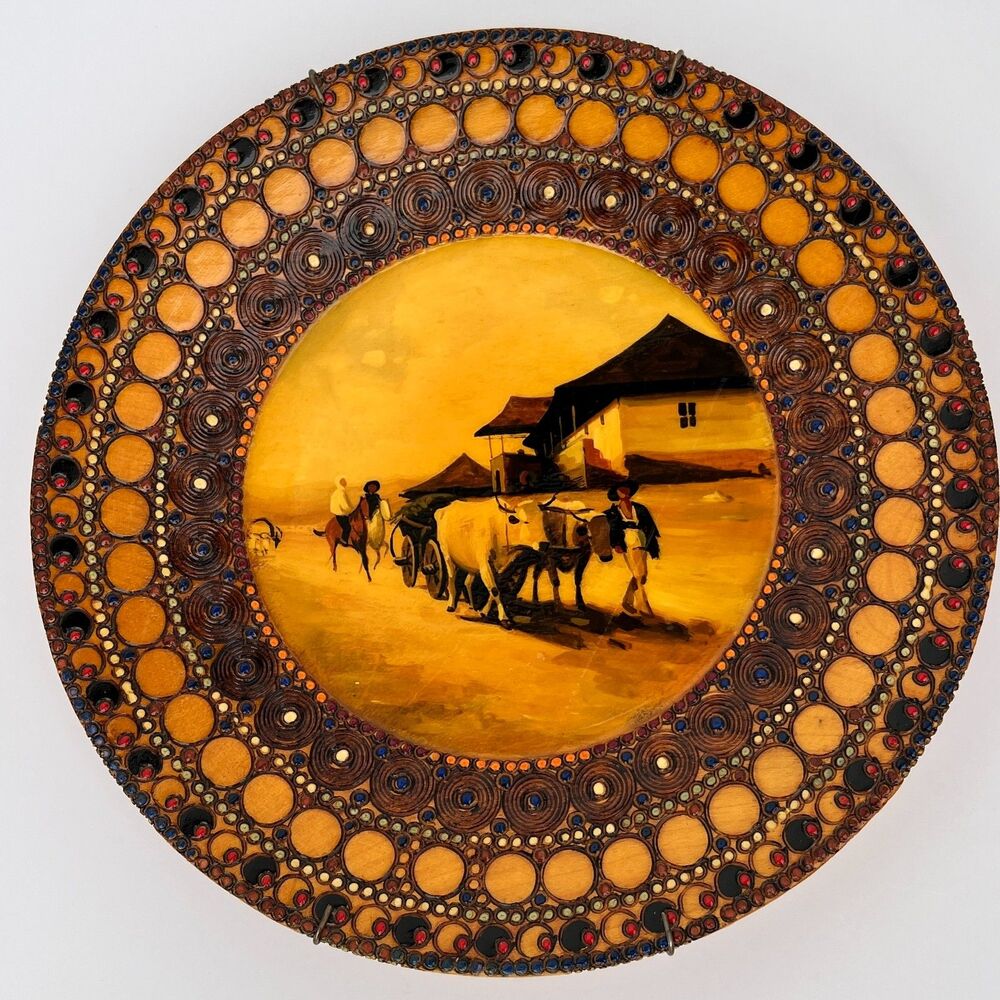 Vintage Romanian Folk Art Hand-painted Pyrography 9” Wood Plate + Authentication